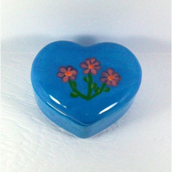 Blue Ceramic Trinket Dish Heart Shaped With Lid, Handmade With Flowers Handmade - Picture 2 of 7
